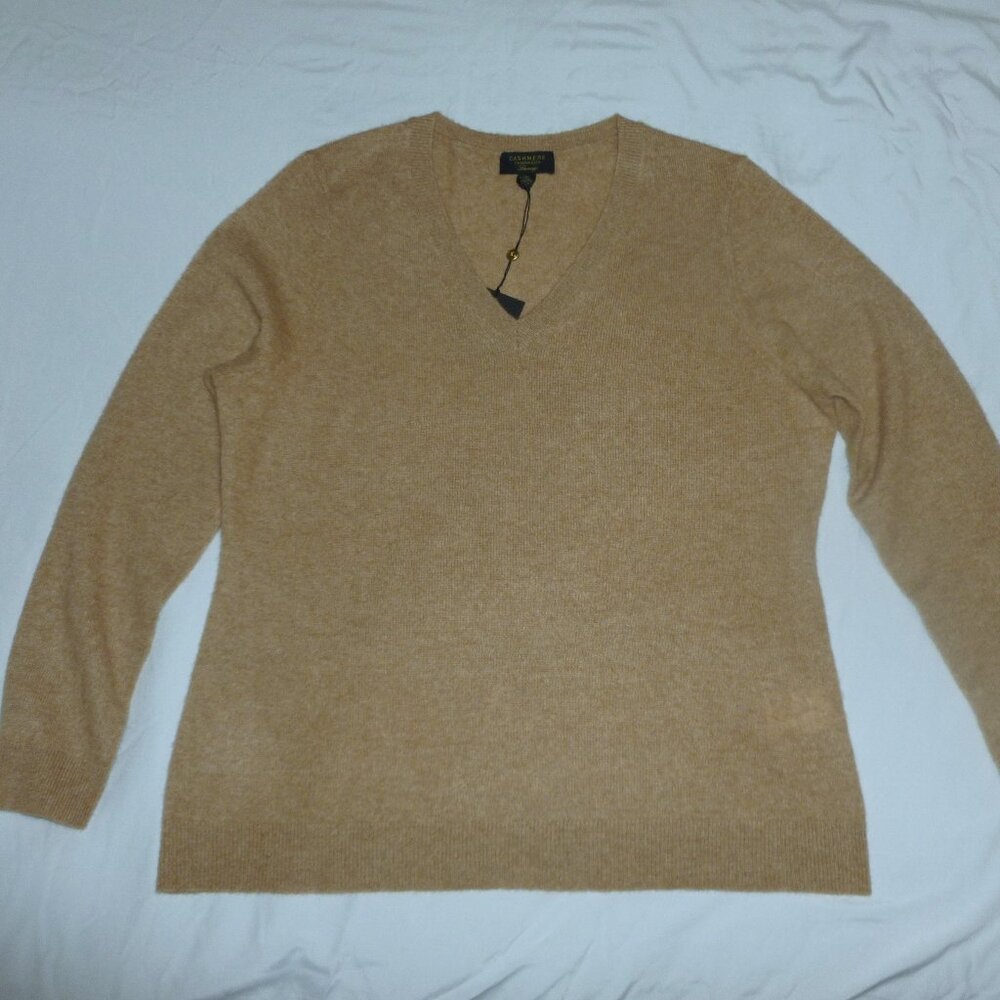 Charter Club Cashmere Long Sleeve V-Neck Sweater XL Warm Praline Heather NWT Tan
